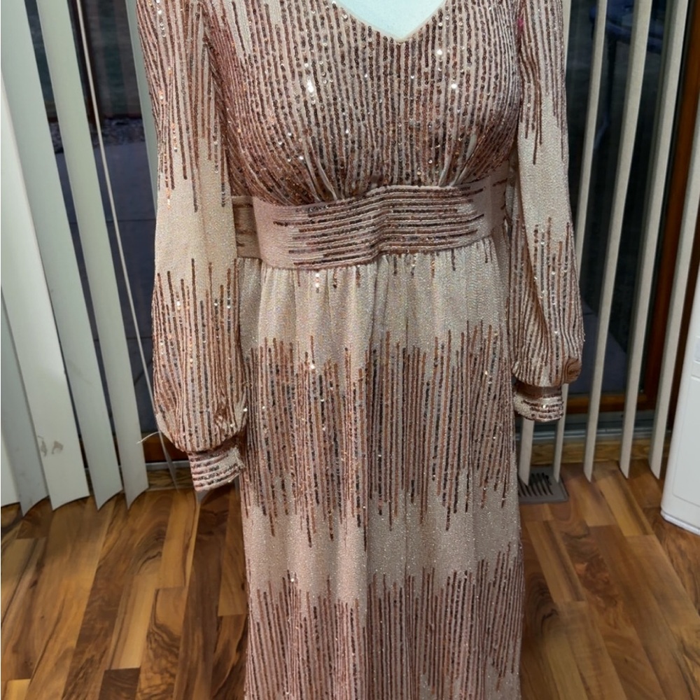 R&M Richards Rose Gold Sequin Long Sleeve Dress
